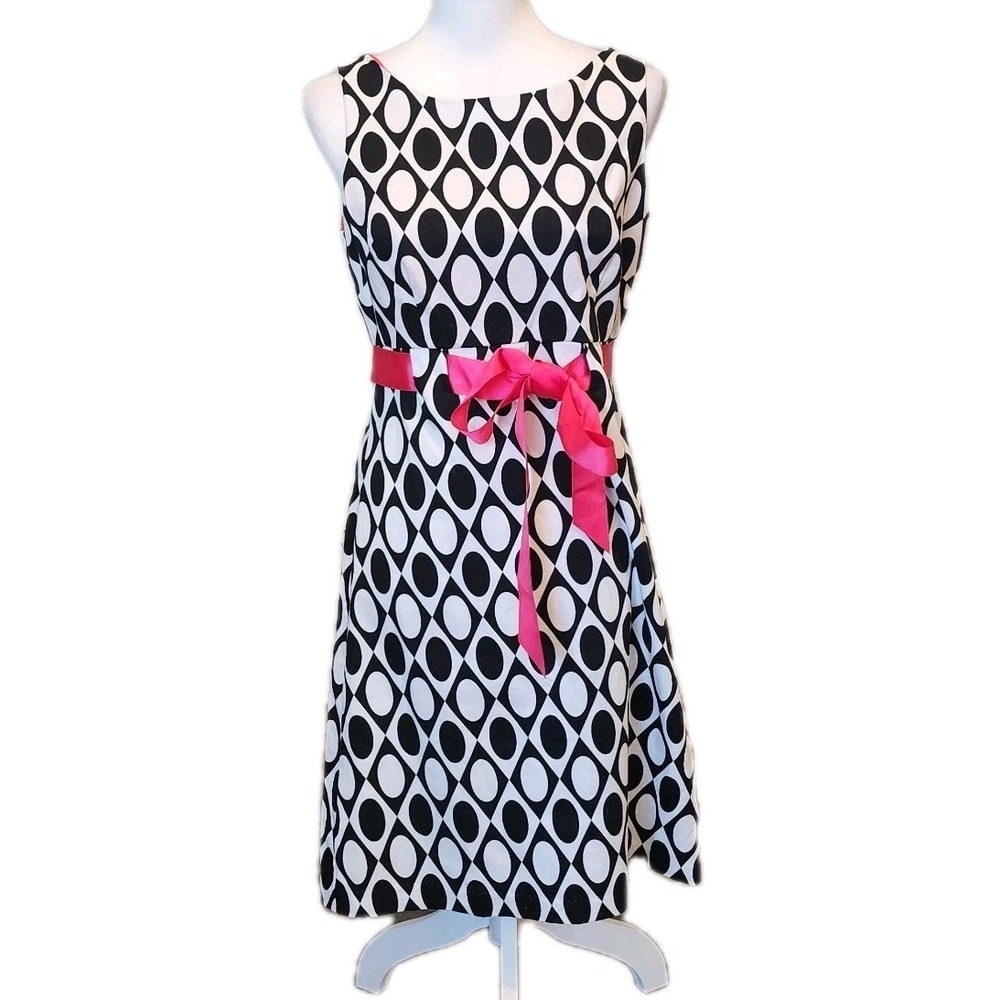 Jessica Howard‎ Dress Womens 6 Black White Geometric Pink Ribbon Stretch NWOT